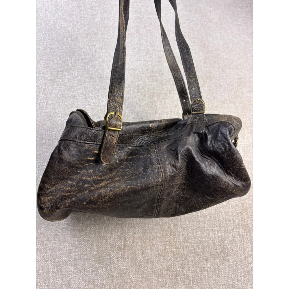 Vintage Meyers USA Distressed Brown Leather Barrel Shoulder Bag Satchel Brass
